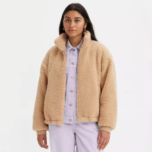 Levi's Teddy Sherpa Fleece Full Zip Jacket Sesame Brown Tan Medium Cinched NEW - Picture 2 of 16